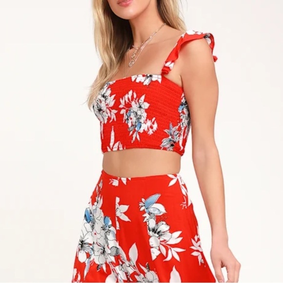 Lulus Tops - Lulus Red Tropical Print Floral Smocked Cropped Top Ruffle Straps Vacation S